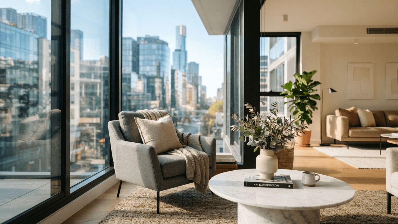 interior de sala con vista a edificios corporativos en Santa Fe