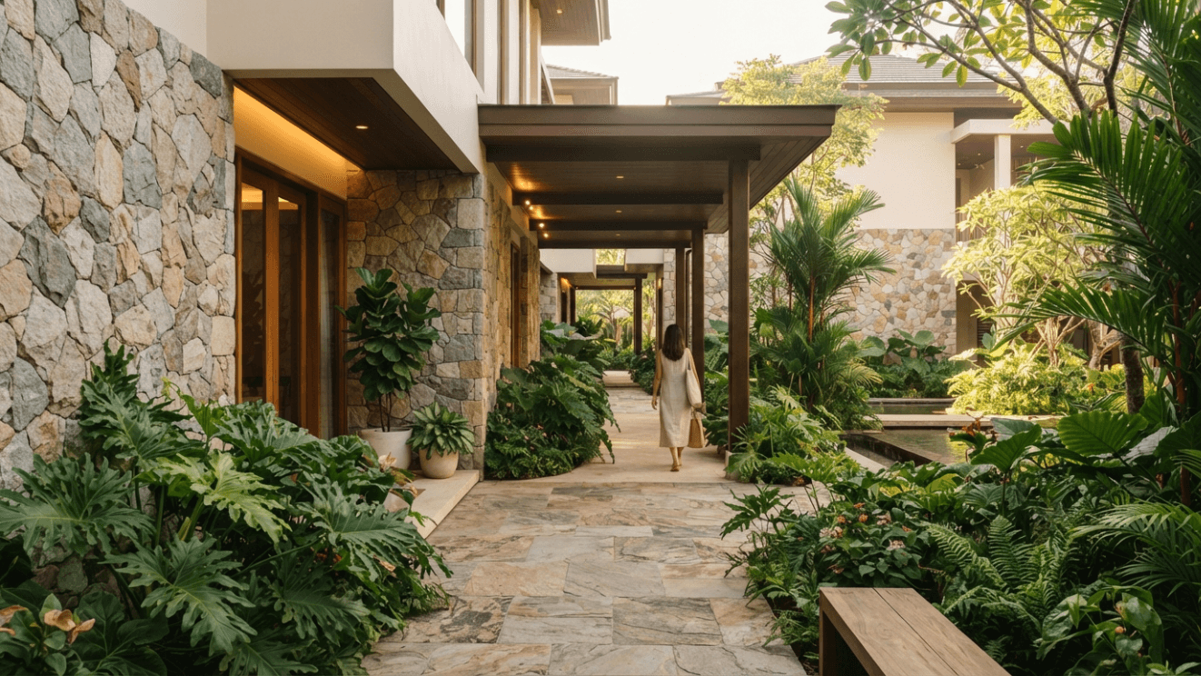 Pasillo exterior de un complejo residencial terminado en Tulum, rodeado de vegetación de selva