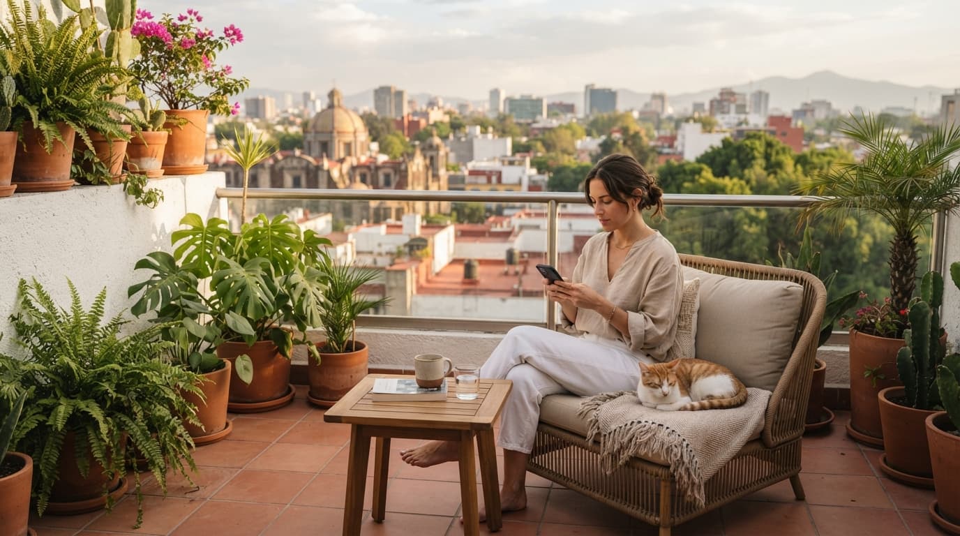 Persona revisando su teléfono en la terraza de un departamento acompañada de su gata